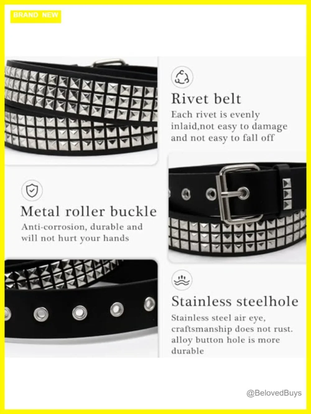 3 Pcs Black Studded Belt Y2K Star Gothic Punk Rock Belts with Grommet Threads